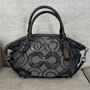 Coach Madison Large Op Art Sophia Sequin Metallic Leather Gun Metal Satchel Bag